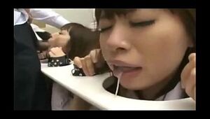 6 japanese femmes roped to table face porked