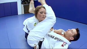 Crazy Karate schoolgirls pulverizes with her trainer after a fine karate session